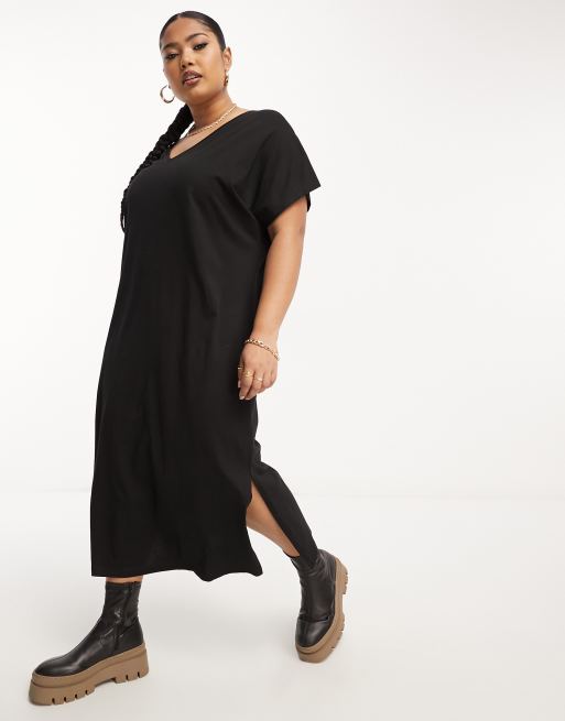 Plus Black Jersey Split Midi T-Shirt Dress