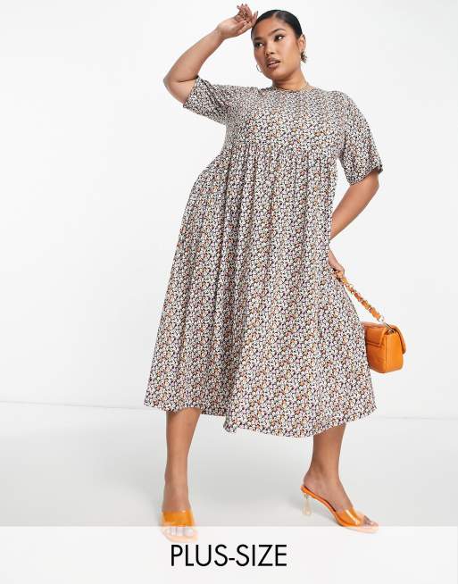 Yours smock midi dress in black ditsy floral