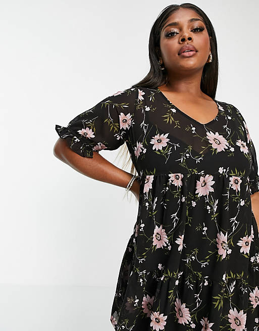 Dresses Yours smock mini dress in black & pink blooms 