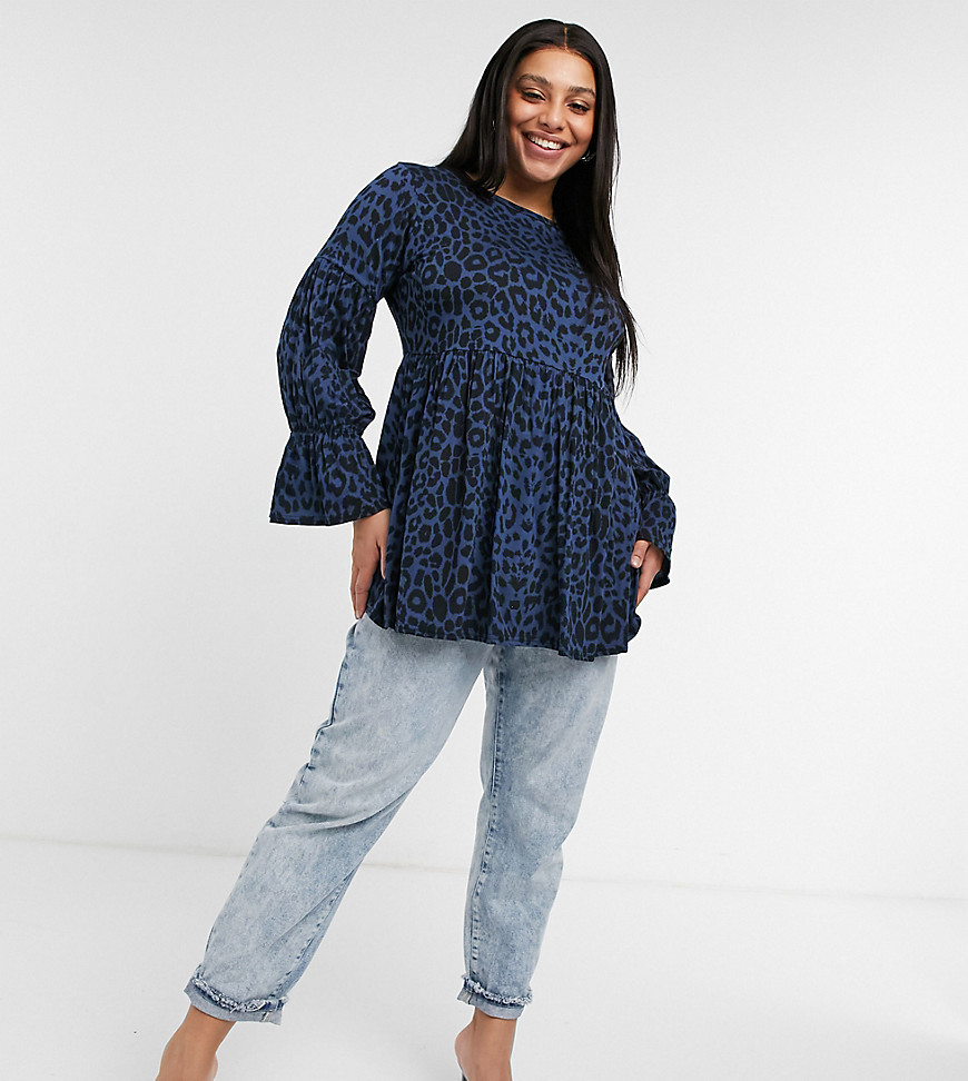 Yours smock top with balloon sleeves in navy leopard print