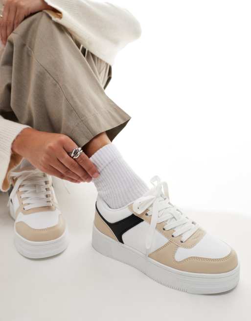 Yours – Sneaker in Beige und Weiß mit dicker Sohle