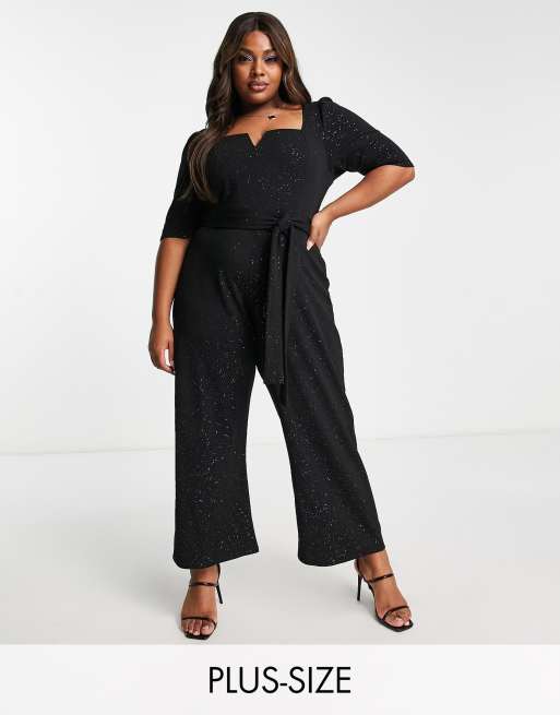 Yours - Sort jumpsuit med hak i halsen og bindebånd i taljen 