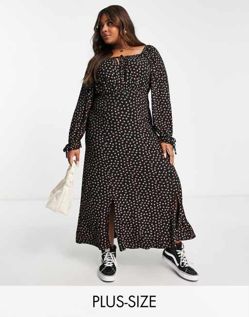 Yours - Sort milkmaid-midikjole med småblomstret print - Kun hos ASOS