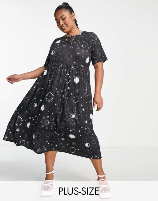 Yours - Sort smock-midikjole med astrologiprint