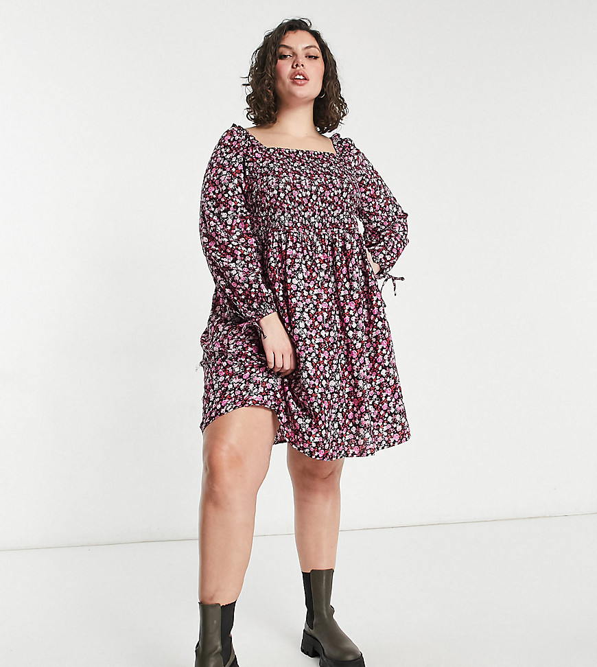 Yours Square Neck Mini Smock Dress In Pink Floral