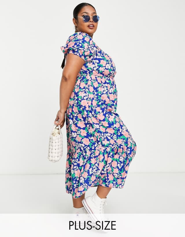 Yours square neck puff sleeve midi dress in blue floral