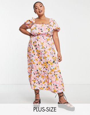 Yours square neck puff sleeve midi dress in orange floral