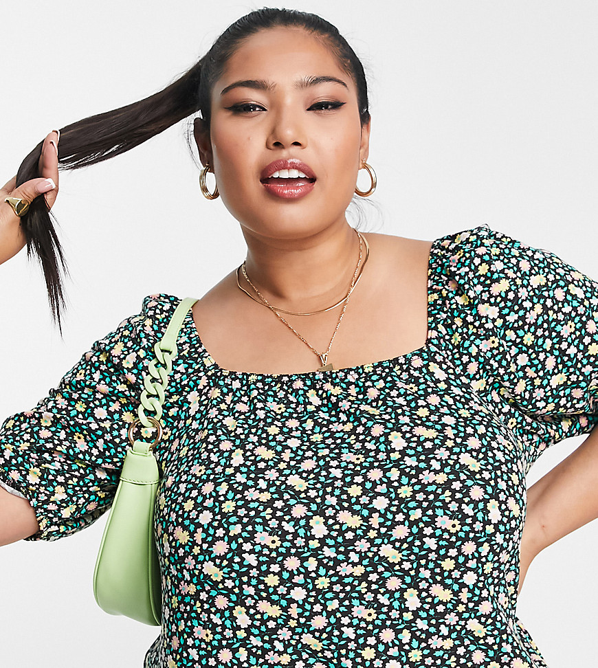 Yours square neck puff sleeve top in green ditsy floral