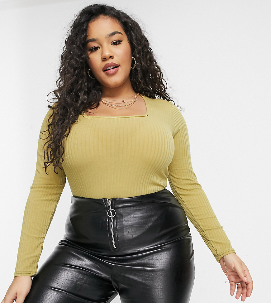 Yours square neck ribbed bodysuit in olive-Green
