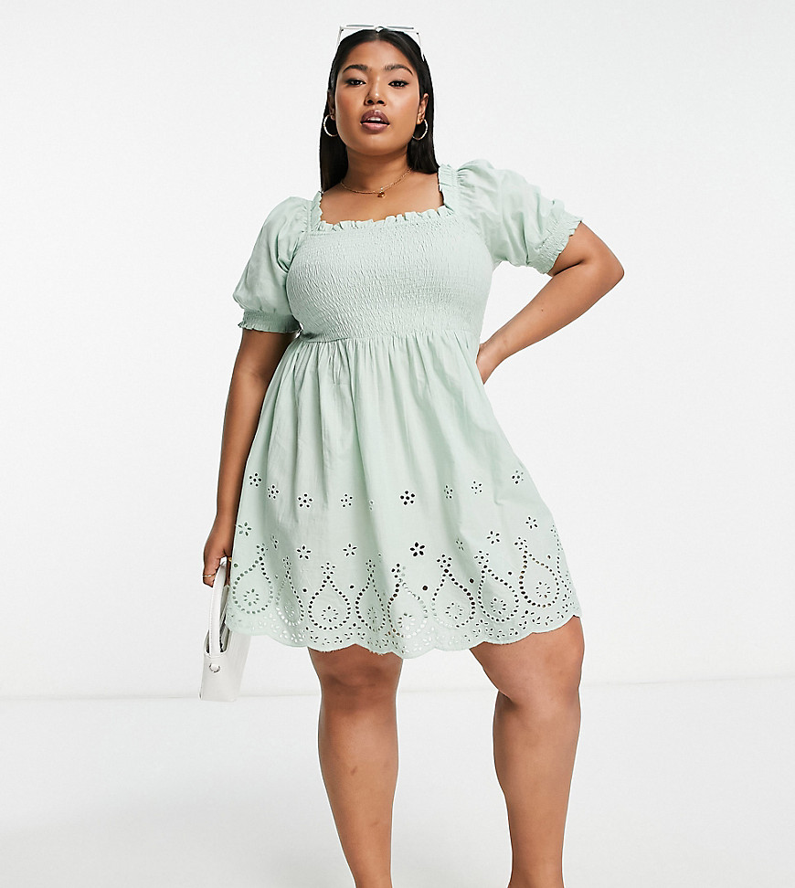 Yours Square Neck Shirred Eyelet Mini Dress In Sage-green