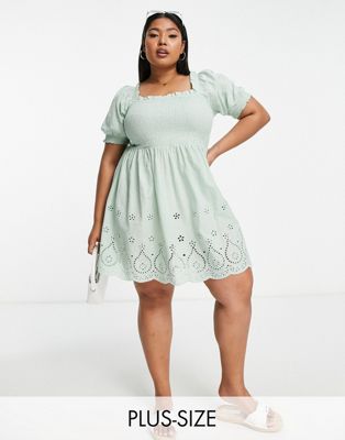 Yours square neck shirred broderie mini dress in sage