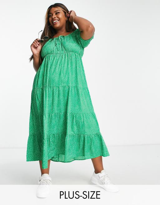 Yours square neck tiered midi dress in green polka dot