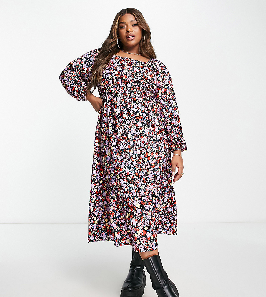 Yours square neck tiered midi smock dress in black floral