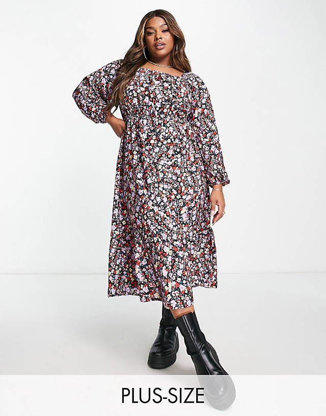 Yours square neck tiered midi smock dress in black floral