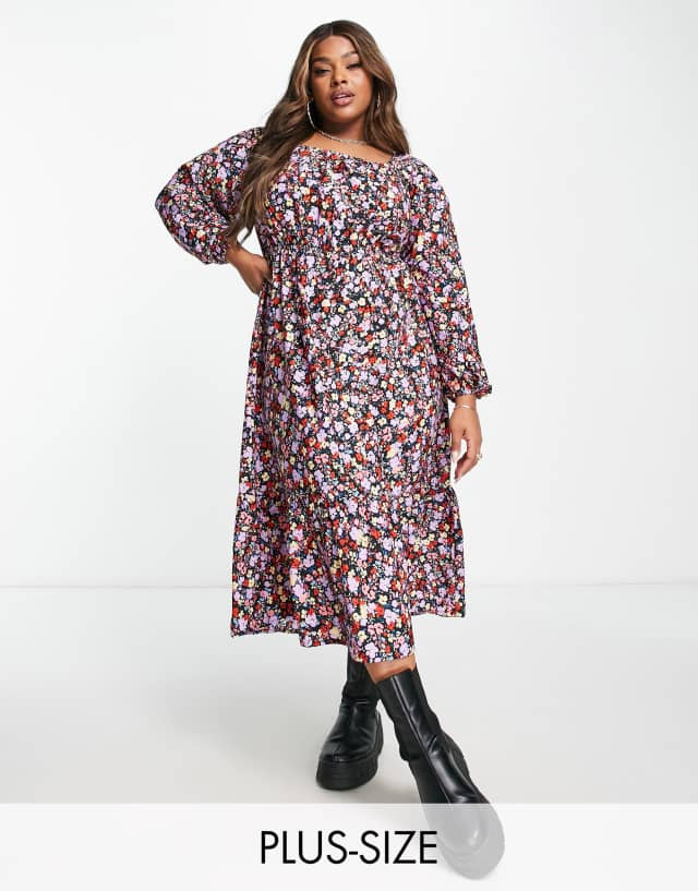 Yours - square neck tiered midi smock dress in black floral