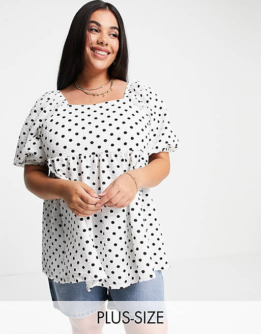  Yours square neck top with puff sleeves in white polka dot 