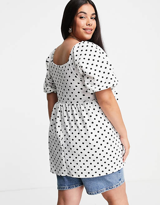  Yours square neck top with puff sleeves in white polka dot 