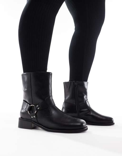 Yours square toe biker boots in black 
