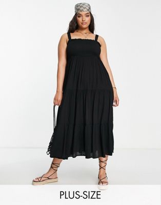 Yours strappy shirred tiered midi dress in black