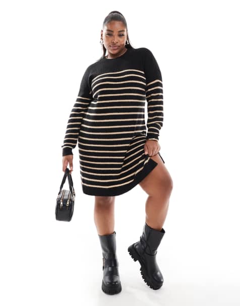 Yours stripe mini jumper dress in black and neutral - view 1