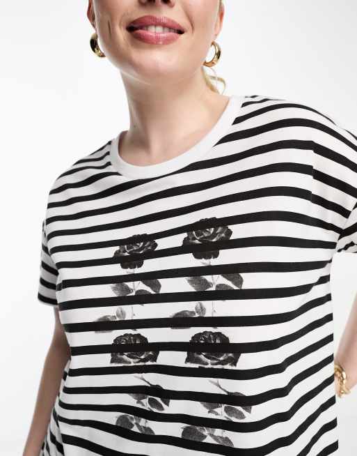 Black and white 2025 striped shirt with roses