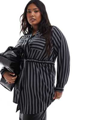 stripe utility tunic shirt in gray and black