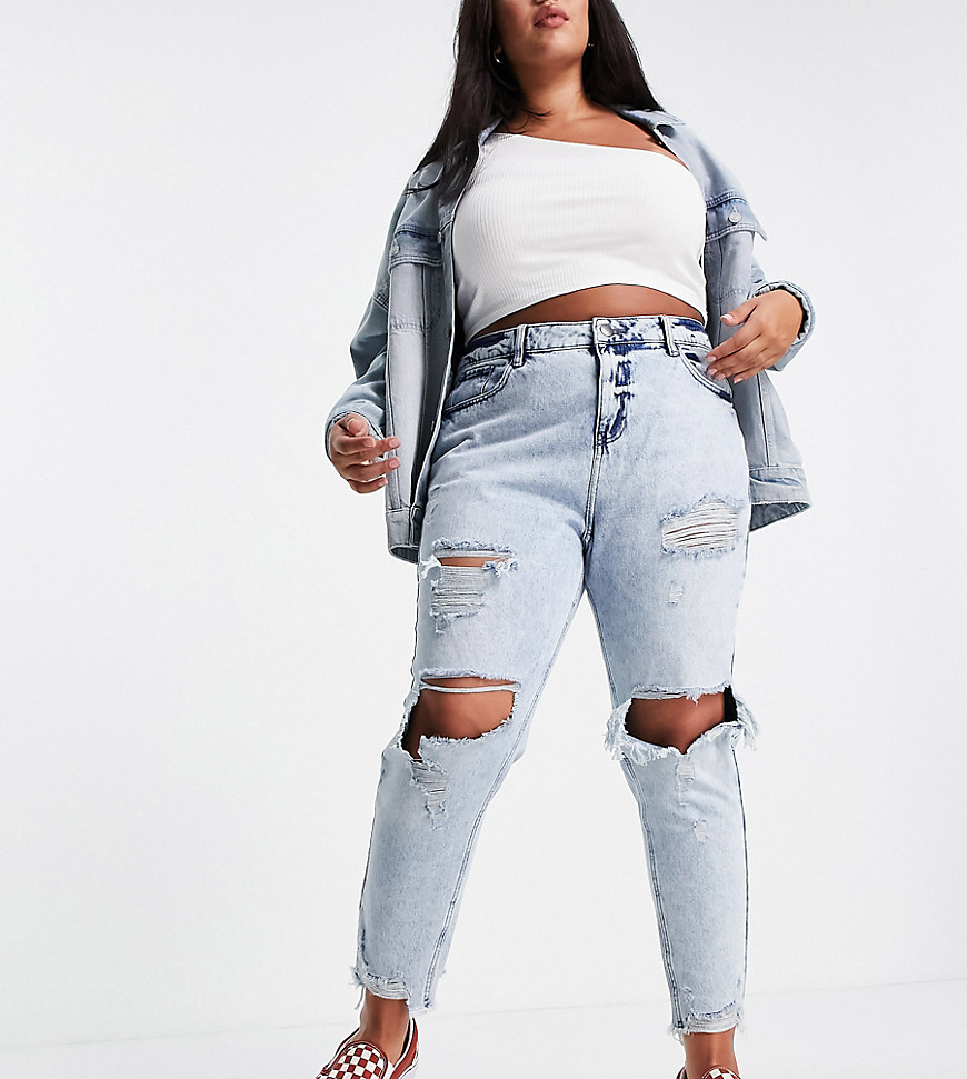 Plus-size jeans by Yours Next stop: checkout High rise Five pockets Ripped knees Raw-cut hem Regular mom fit
