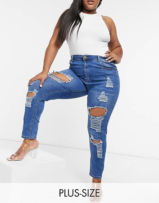 Women Yours super ripped skinny jeans in mid wash blue 