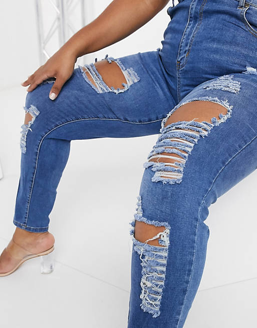 Women Yours super ripped skinny jeans in mid wash blue 