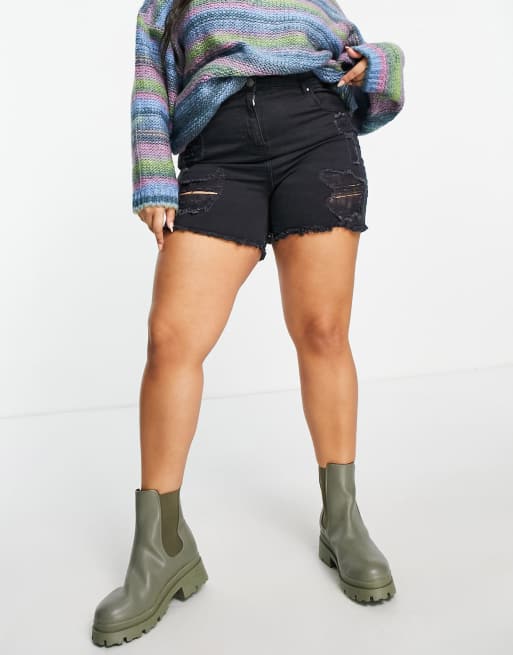 Yours – Svarta slitna jeansshorts med tvättad finish, 4 av 4