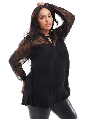 Yours sweetheart lace tie neck blouse in black