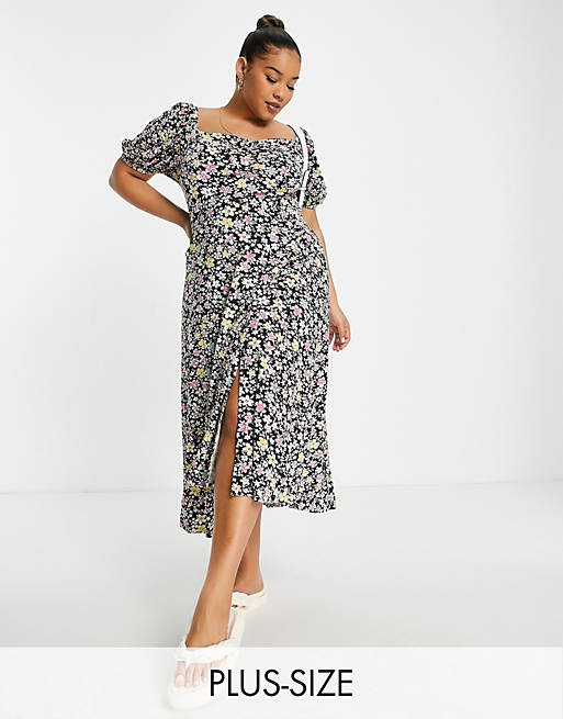 Yours sweetheart neckline midi dress in black floral