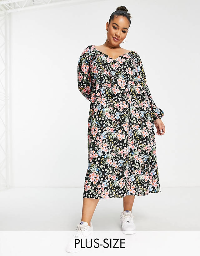 Yours - sweetheart v neck long sleeve midi dress in black floral