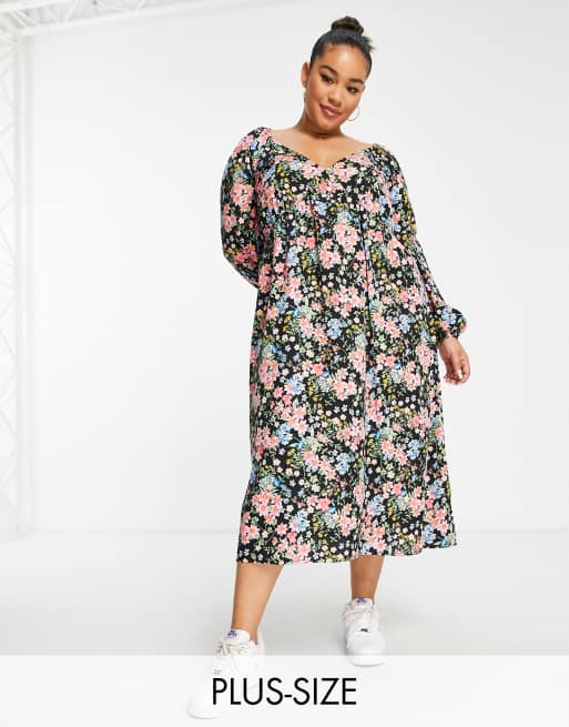 Yours sweetheart v neck long sleeve midi dress in black floral