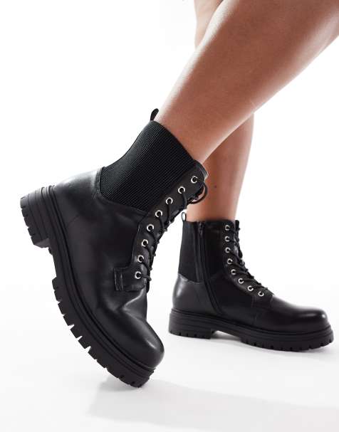 Yours – Sznurowane czarne buty do kostki na grubej podeszwie - view 1