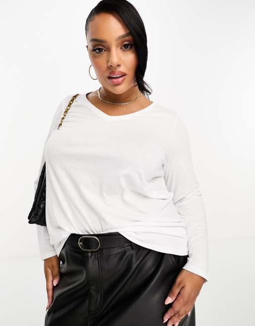 Yours - T-shirt col en V à manches longues - Blanc