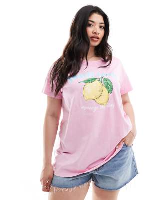 Yours - T-Shirt in Rosa mit Zitronen-Print