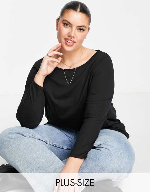 Yours - T-shirt nera a maniche lunghe con scollo rotondo