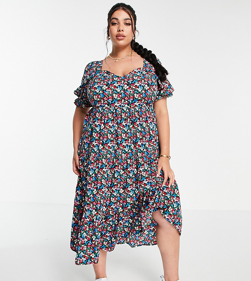 Yours tie back puff sleeve midi dress in multi floral