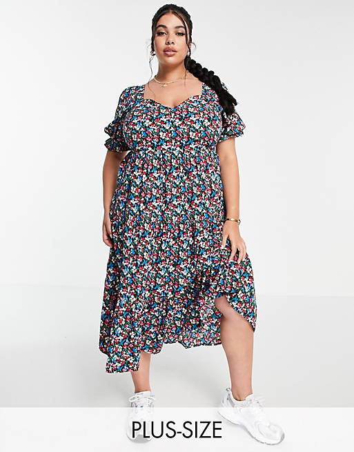 Yours tie back puff sleeve midi dress in multi floral