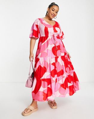 Yours tie front maxi dress in pink abstract print