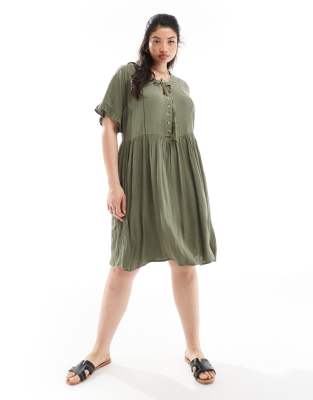 Yours Yours tie front midi dress in khaki-Green