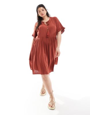 tie front midi dress in terracotta-Brown