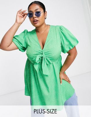 Yours tie front polka dot short sleeve top in green - ASOS Price Checker