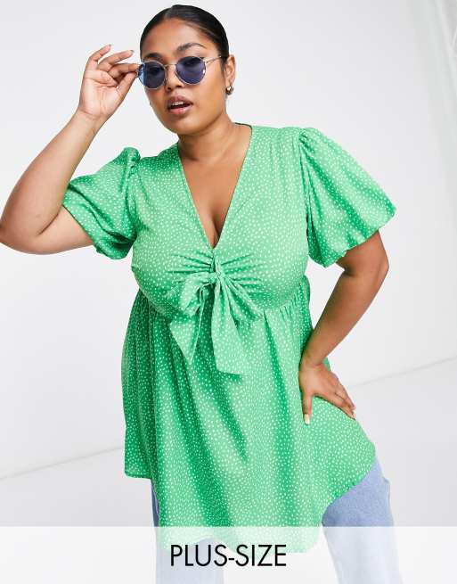 Yours tie-front polka dot short sleeve top in green