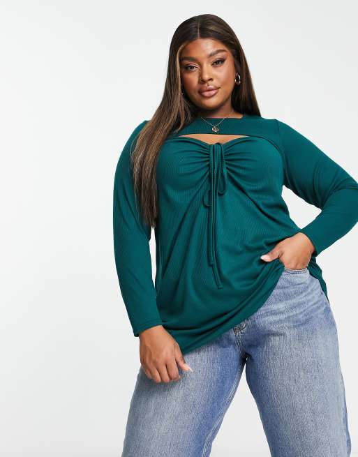 Yours tie front ruched long sleeve top with cut out detail in green