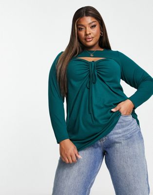 Yours tie front ruched long sleeved top with cut out detail in green