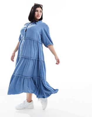 Yours tiered button maxi dress in light blue