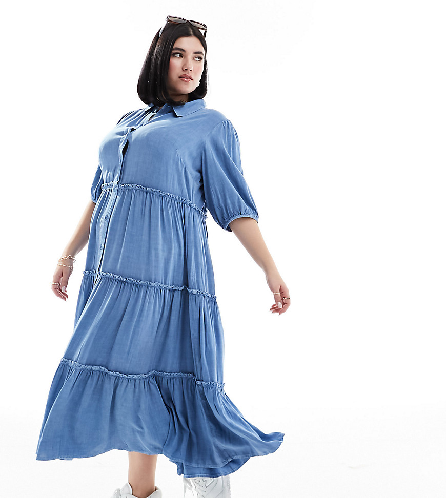 Yours tiered button maxi dress in light blue