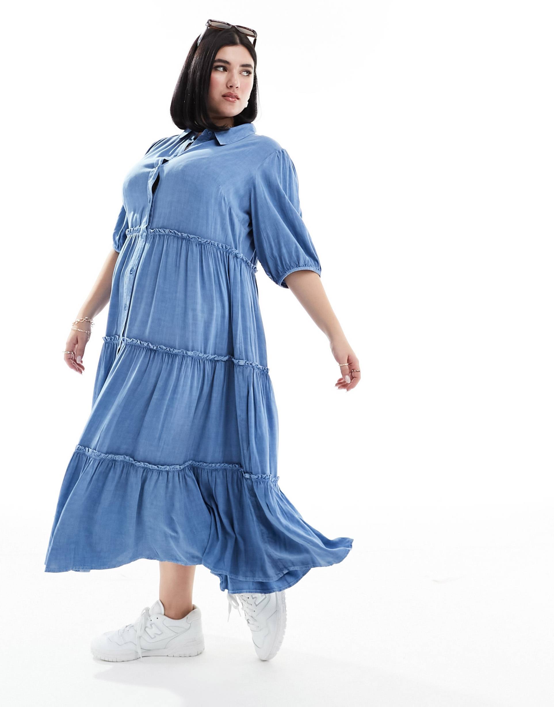 yours tiered button maxi dress in light blue